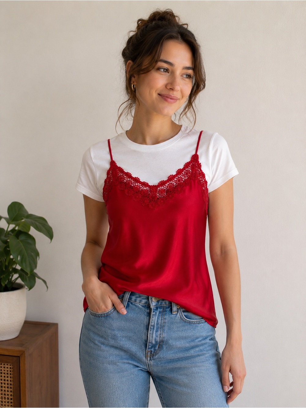 Vintage La SENZA Red Satin Lace Trim Camisole